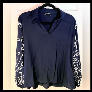 Beautiful Blue Embroidered Sleeve Blouse Size XL